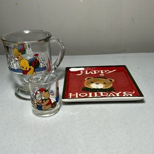 Assorted Christmas Themed Items Ceramic Tray, Clear Mug Winnie the Pooh, Glass
